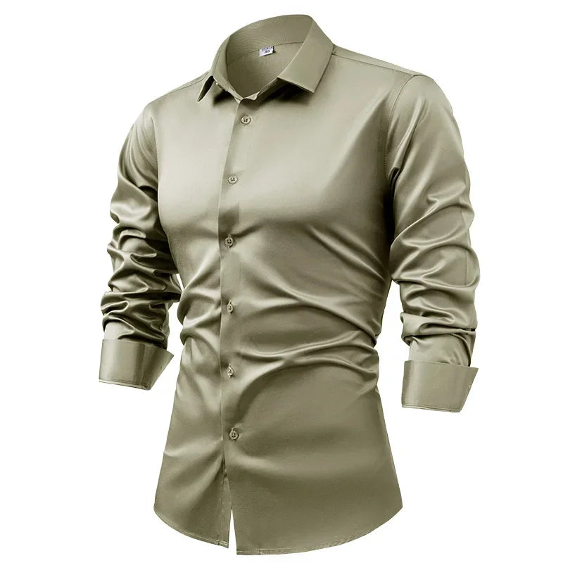 High-end Satin Shirts for Men Fashion Long Sleeved Solid Dress Shirts Men's Business Social Non-ironing Wrinkle-resistant Shirts