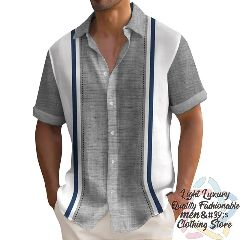Men's shirts Summer striped linen print shirts Casual short-sleeved button Hawaiian shirts Oversized men's tops outfit collar