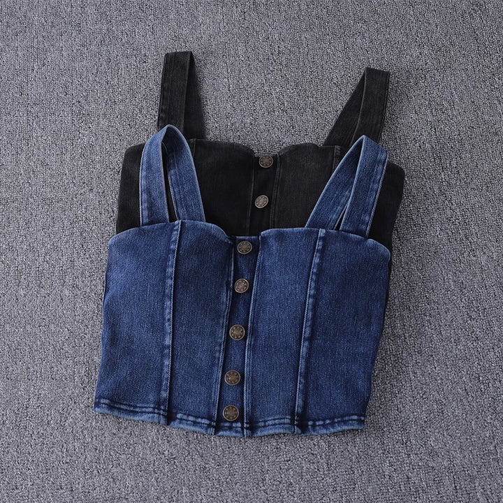 women's clothing sexy Tops For Women crop top fashion button front shirred detail denim top