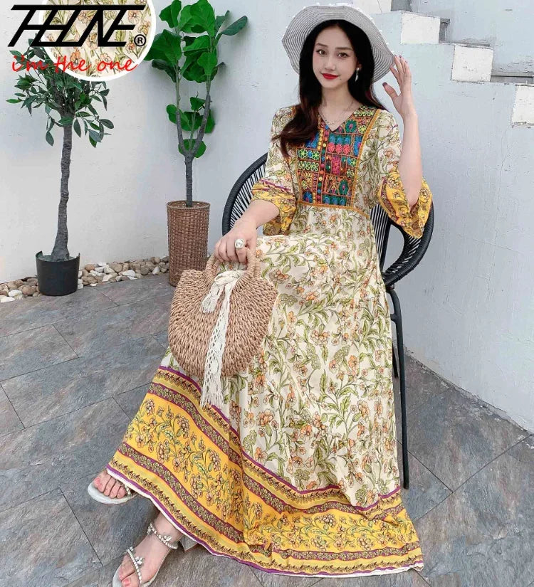 Women’s Indian Summer Dress – Embroidered Elegant Maxi Party & Beach Dress