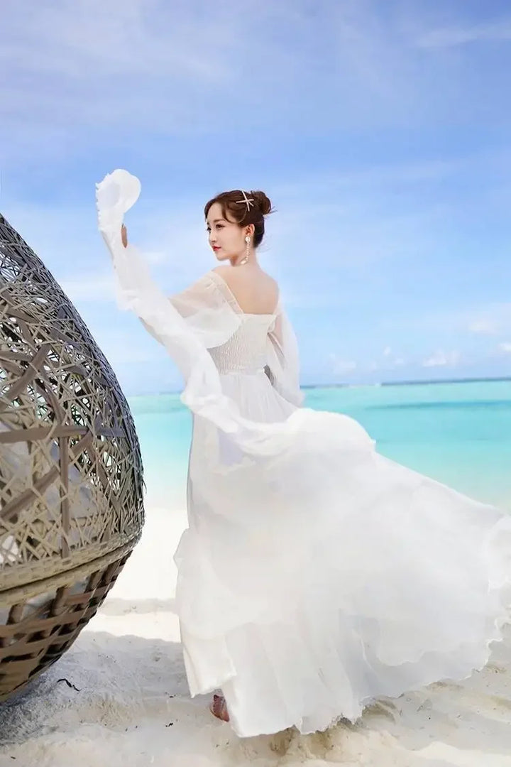 Dresses for Women Summer New Chiffon off-Shoulder Dress White Dress Vestido De Mujer