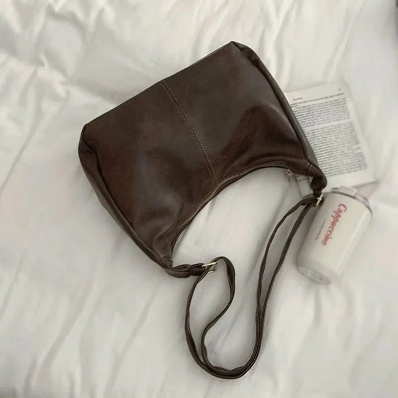 Women’s Soft PU Leather Tote – Foldable Slouchy Crossbody Handbag with Zipper