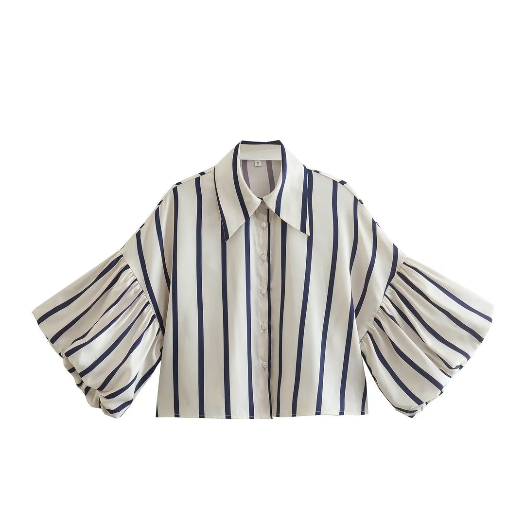 Women Striped Shirts Female Loose-Fit Bubble Sleeve Printed Shirts Lady Casual Youthful Energetic Short Sleeved Tops Clothing