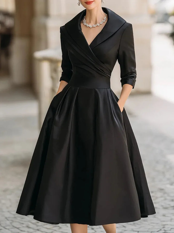 Women's Black Elegant Evening Dresses Satin Turn-Down Collar V Neck Waist-Cinched Three Quarter Sleeve Flared Midi Dress
