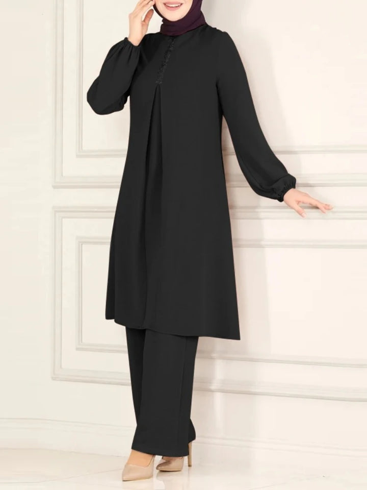 Casual Muslim Dress for Women Blouse 2 Piece Set Long Sleeve Shirt Wide Leg Pant Suits Saudi Arabic Dubai Dresses Autumn 2023