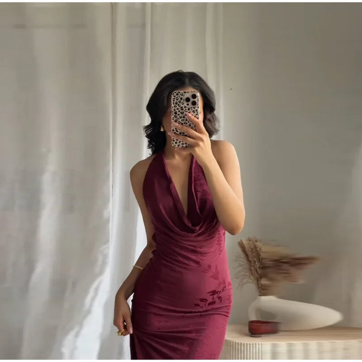 Women’s 2026 Vintage Red Lace-Up Dress – Sleeveless Deep V Neck Elegant Party Gown