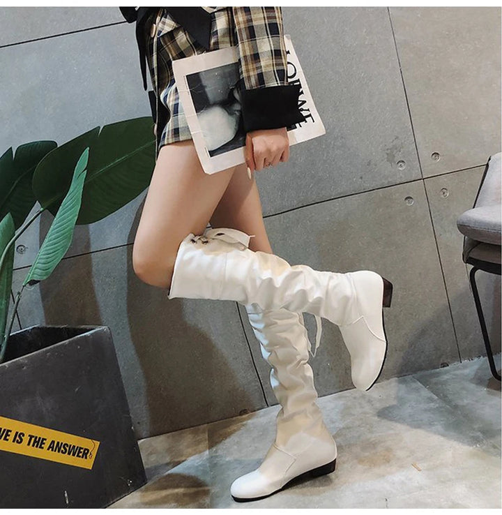 2024 Women’s Knee-High Boots – Pleated Leather, Low Heel, Casual Shoes