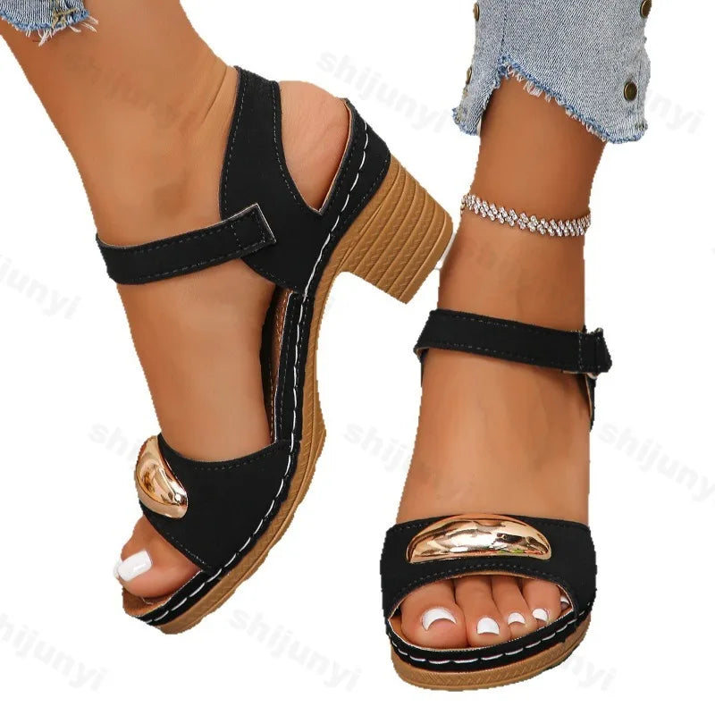 Women’s Summer Sandals – Retro Open Toe, Comfortable Coarse Heels