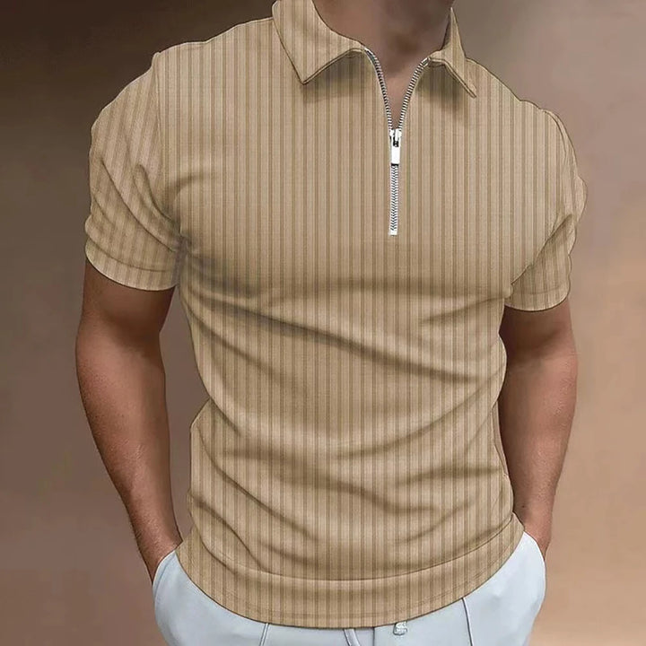 Men Striped Golf Shirt with Quarter Zipper Lapel Casual Holiday Short-Sleeved T-Shirt Fashionable Basic Style Regular Fit Shirt