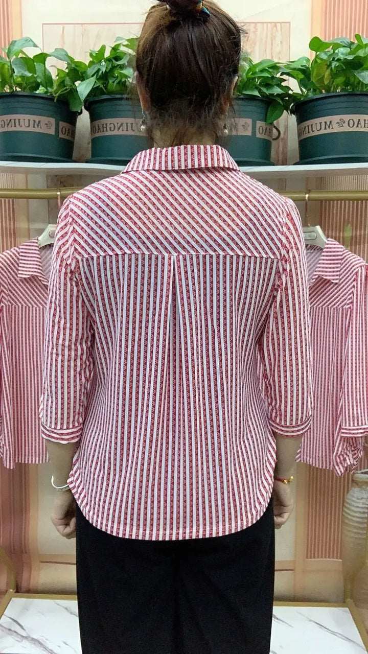 Fashion Loose All-match Striped Printed Shirt Summer Women's Clothing New 3/4 Sleeve Casual Turn-down Collar Buttons Blouses