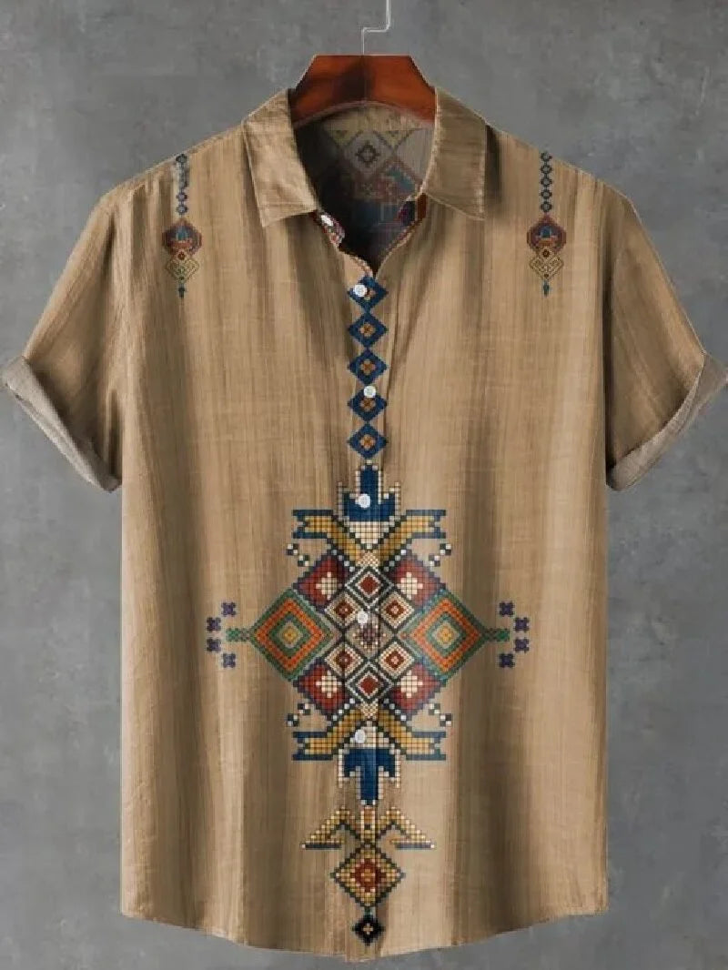 Men's Fashionable Casual Shirt Short-Sleeved 3D Printed Pattern Clothing Shirt Linen