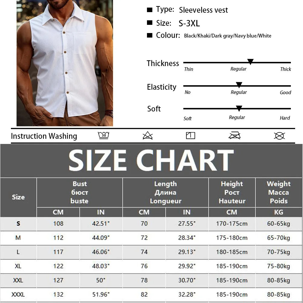 Mens Fashion Casual Sleeveless Shirts Men Turn-down Collar Buttoned Vest Shirt Summer Breathable Male Solid Color Tank Tops