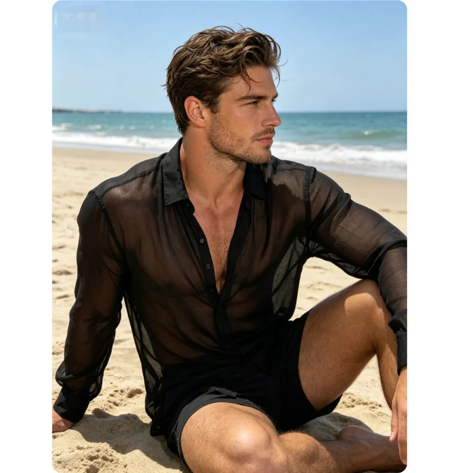 Men's Sheer Black Dress Shirt, Long Sleeve See Through Beach Top Casual Slim Fit Button Up for Summer Club & Gym Long Sleeve Tee