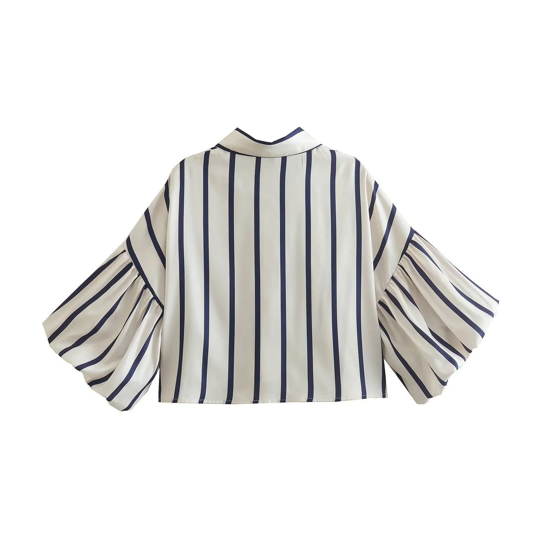 Women Striped Shirts Female Loose-Fit Bubble Sleeve Printed Shirts Lady Casual Youthful Energetic Short Sleeved Tops Clothing