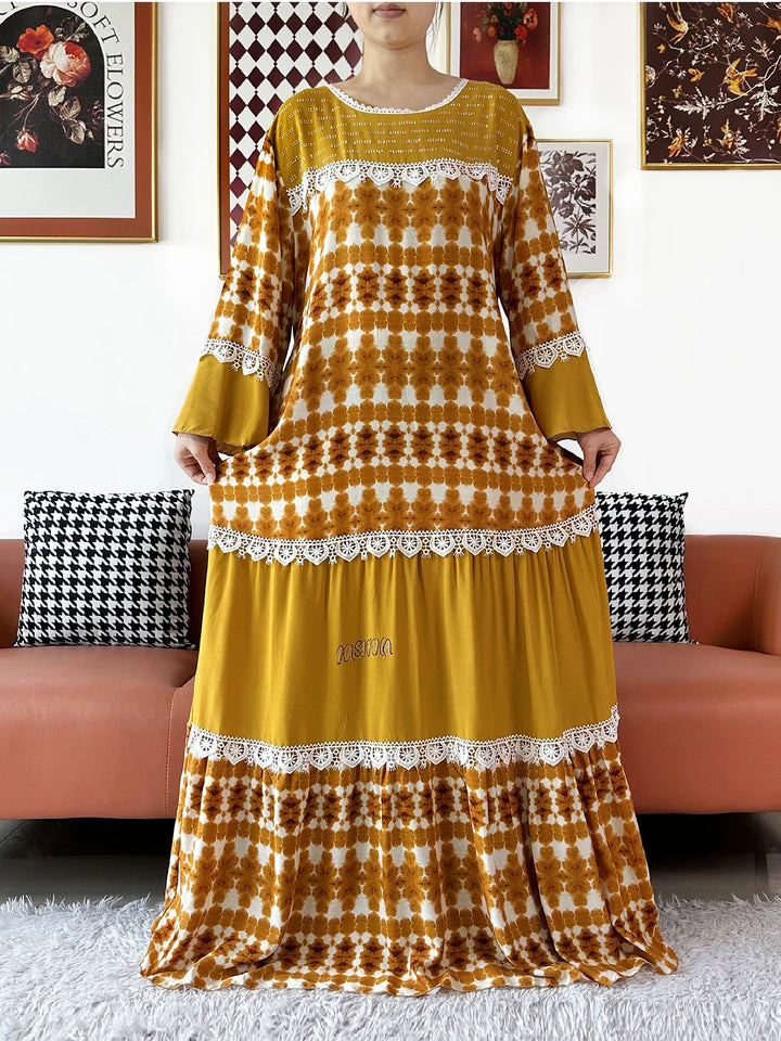 High Quality Women Party Kashkha Abaya Wave Floral Cotton Abaya African Boubou Muslim Loose Kaftan Maxi Dress with Big Shawls