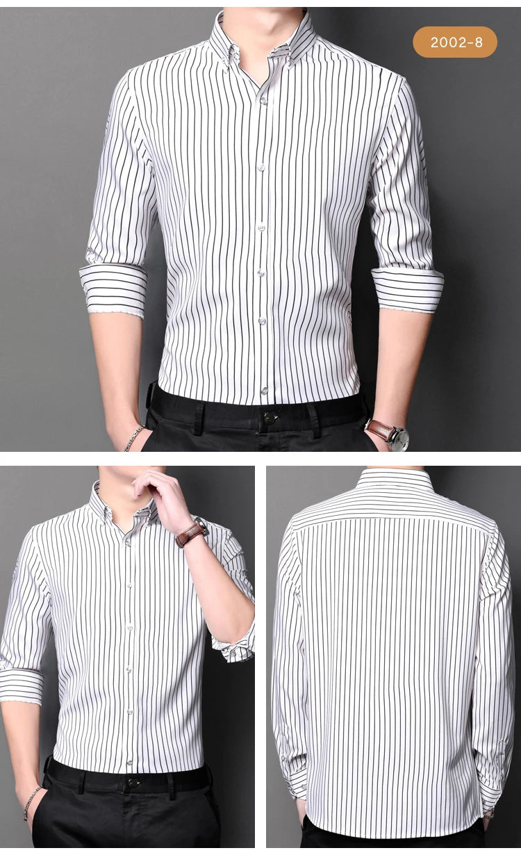 Men's Elegant  Striped Iron-Free Long Sleeve Dress Shirts - Breathable, Stretchy Casual Button Up Shirt For Formal Occasions