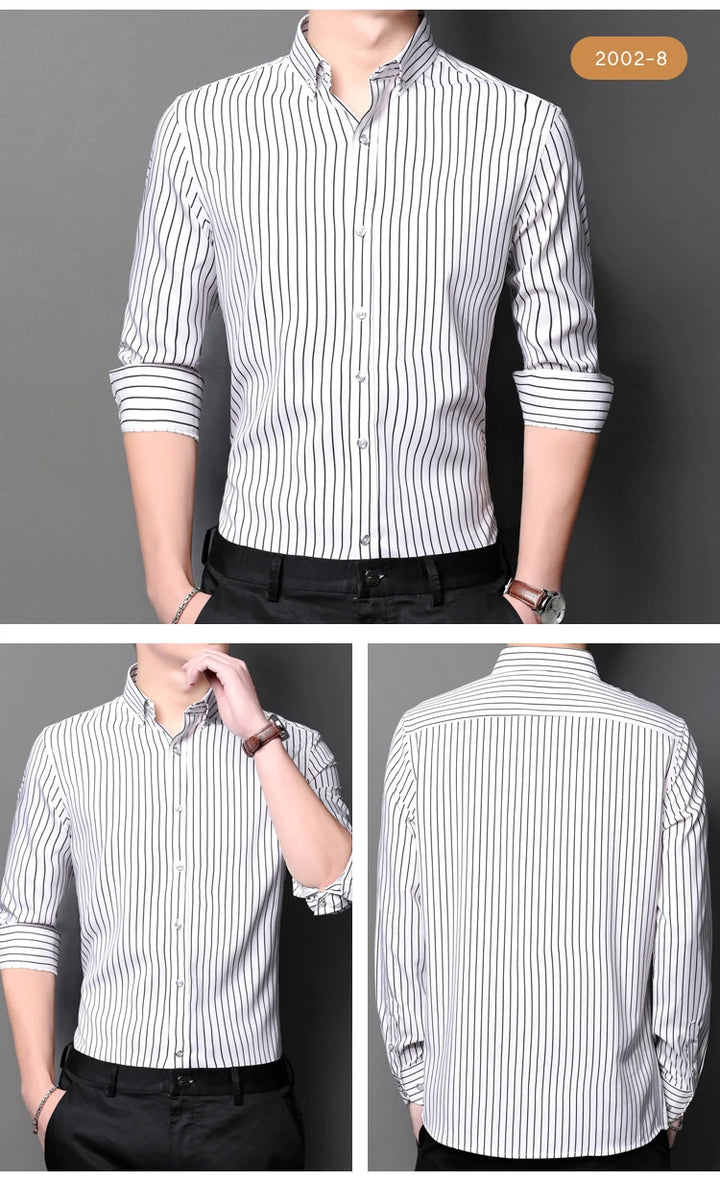 Men's Elegant  Striped Iron-Free Long Sleeve Dress Shirts - Breathable, Stretchy Casual Button Up Shirt For Formal Occasions