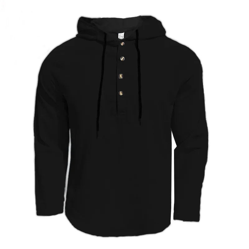 2026 New Men's  T-Shirts Spring Summer Hooded Cotton Linen Tops for Men Soft Loose Henley Shirt Casual Button Long Sleeve Shirts
