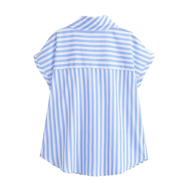 Women's Striped Shirts 2026 Summer Fashion High Neck With Bow Short Sleeve Blouses Casual Female Loose Buttons Tops
