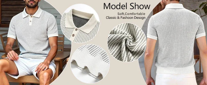 Mens Knit Shirts Short Sleeve Men's Textured Knit Polo Shirt Summer Short Sleeve Vacation Button Beach Knit Stretchy Golf Shirts