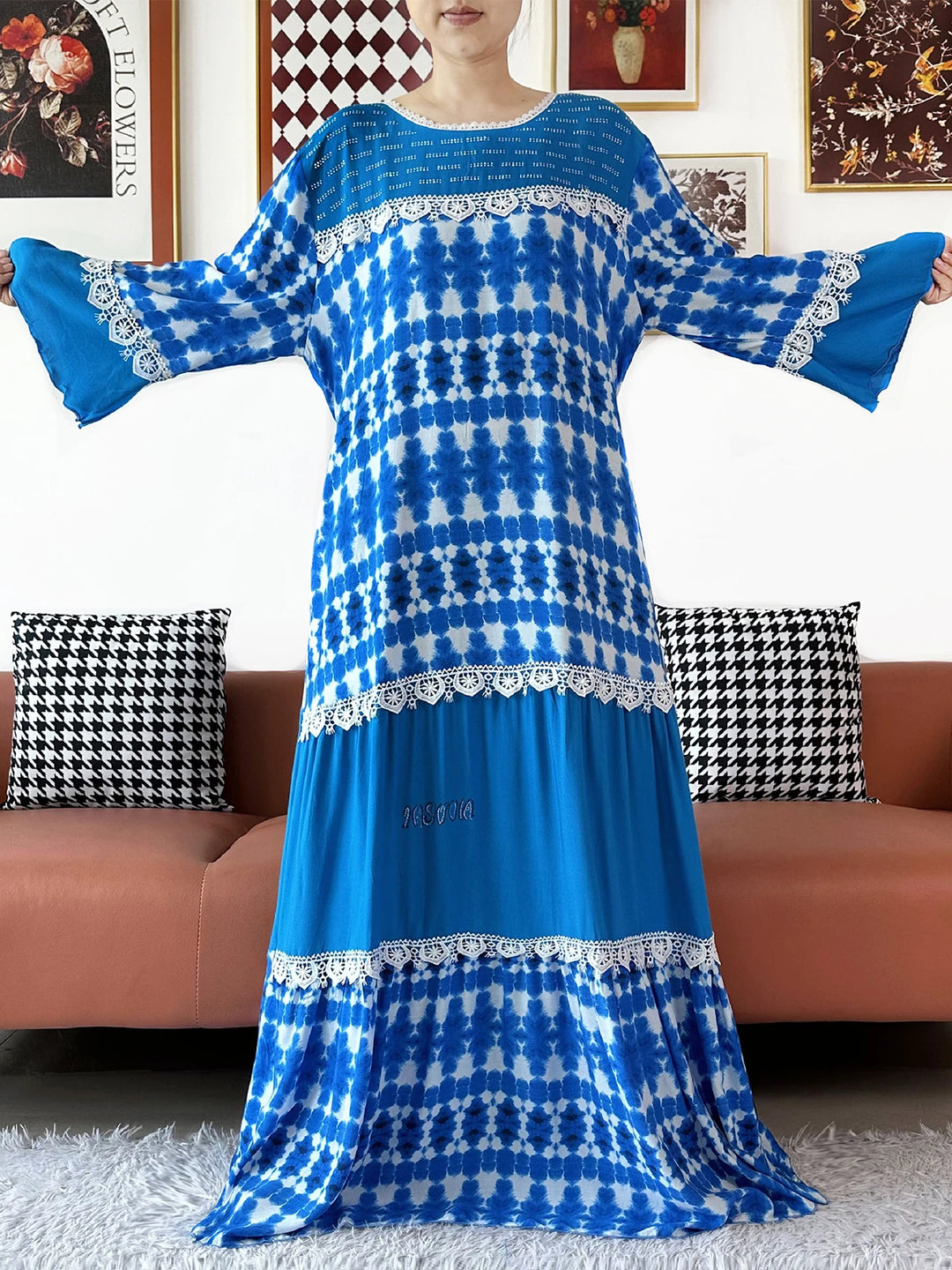 High Quality Women Party Kashkha Abaya Wave Floral Cotton Abaya African Boubou Muslim Loose Kaftan Maxi Dress with Big Shawls