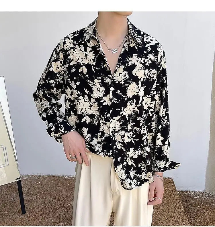 Men's Floral Shirt Men's Style New Long-sleeved Spring Autumn High-end Ice Silk Casual Loose