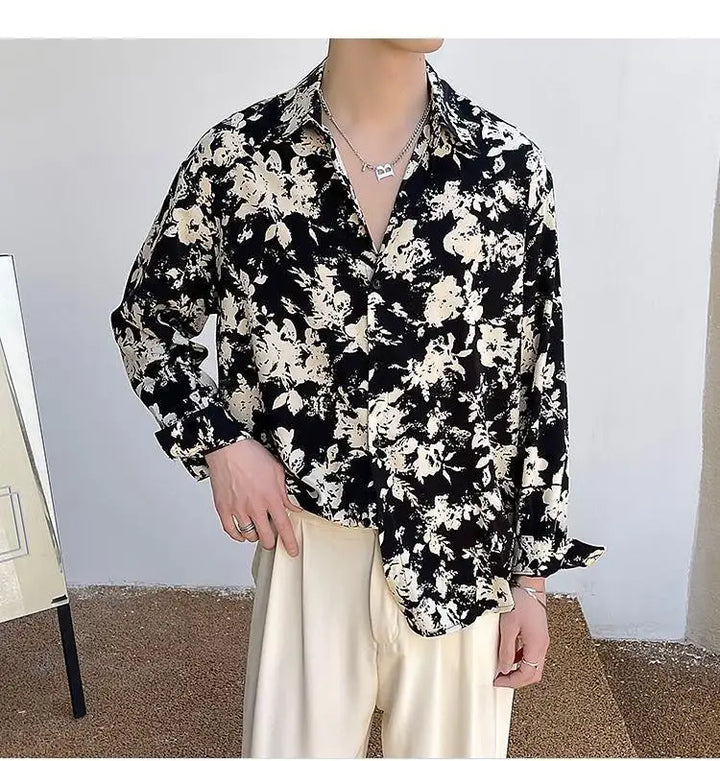Men's Floral Shirt Men's Style New Long-sleeved Spring Autumn High-end Ice Silk Casual Loose