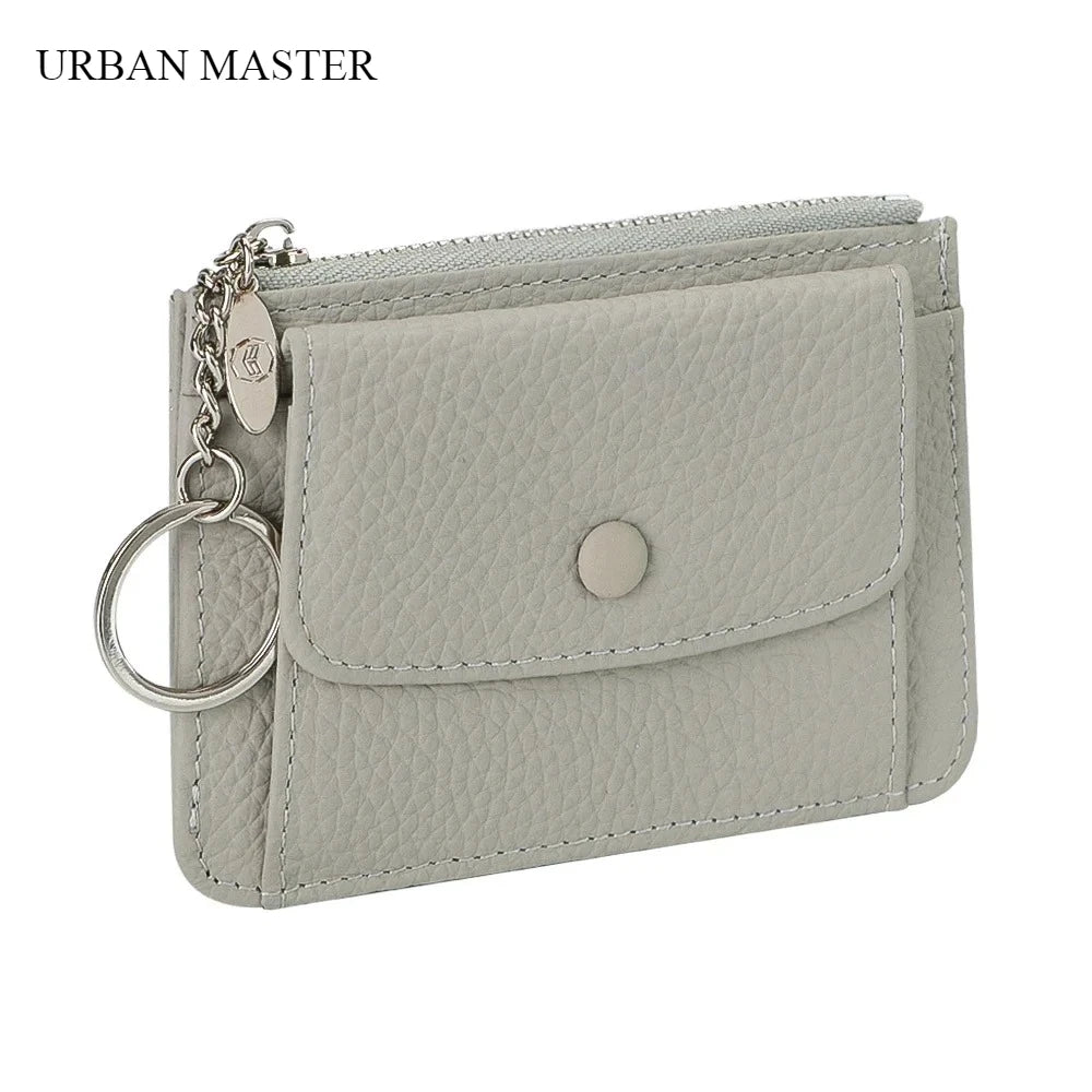 محفظة جلدية نسائية للبطاقات والعملات المعدنية مع سلسلة مفاتيح