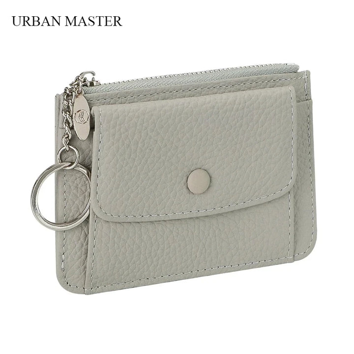 محفظة جلدية نسائية للبطاقات والعملات المعدنية مع سلسلة مفاتيح