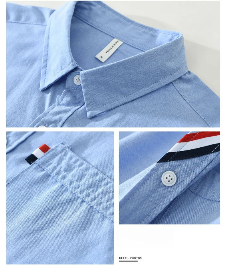 Men's 100% Cotton Short-Sleeve Shirt – Classic Turn-Down Collar, Slim Fit with Chest Pocket & Striped Detail
