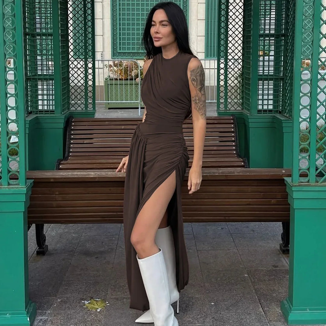 Woman Clothing O-neck Sleeveless Tunics High Slit Long Dress Streetwear Y2K Female High Waist Ruched Solid Holiday Party Dresses