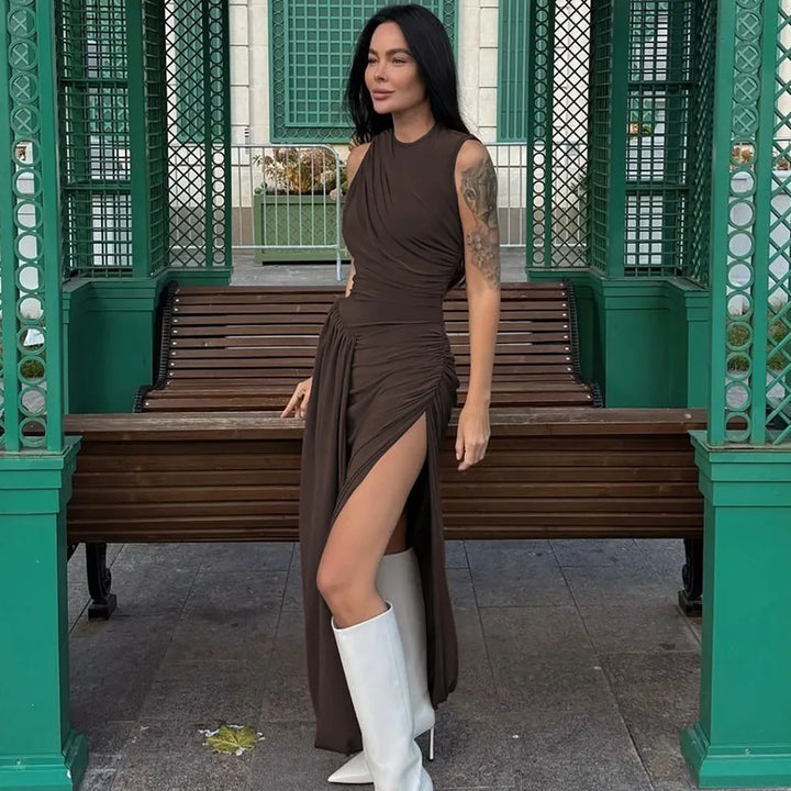Woman Clothing O-neck Sleeveless Tunics High Slit Long Dress Streetwear Y2K Female High Waist Ruched Solid Holiday Party Dresses