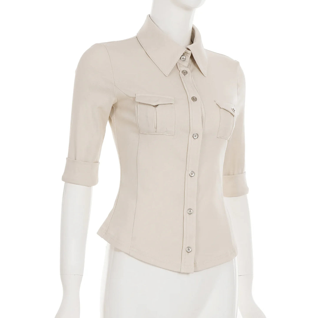 Half Sleeve Button Up Shirts for Woman Clothing Japanese 2000s Style Y2k Tops Harajuku Fashion Blouse
