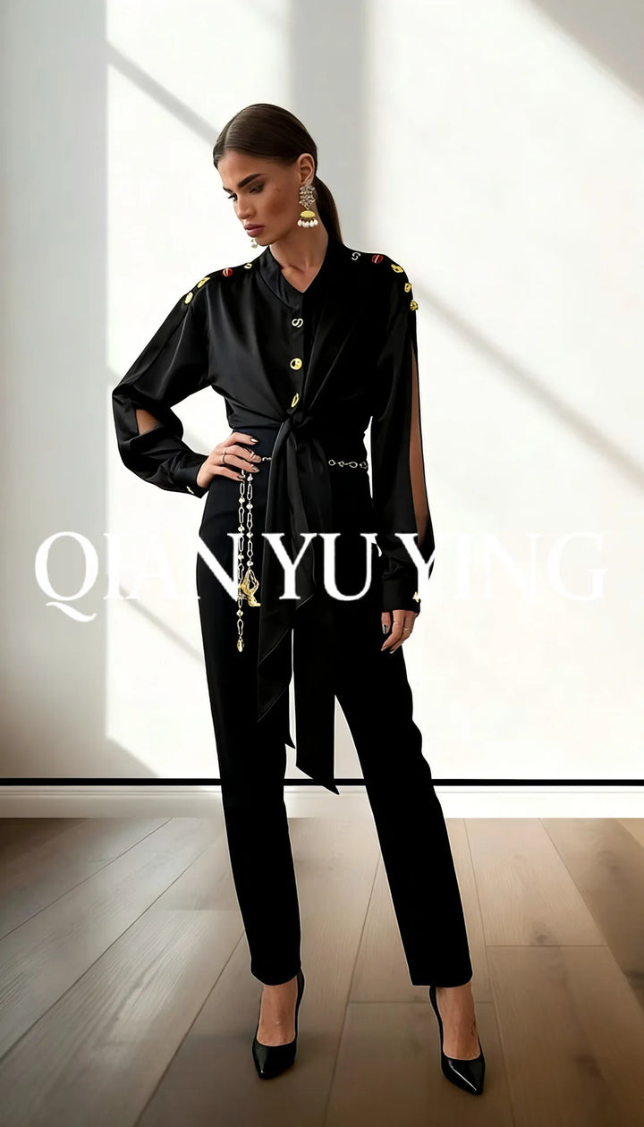 High Street Shirts Women's New Style Shirt with Metal Buttons and Waist Cinching Straps Versatile and Fashionable Shirt