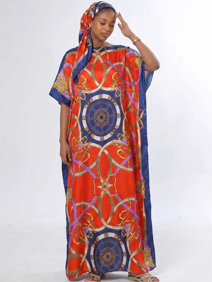 Women Muslim Kaftan Abaya With Matching Hijab Scarf Chain Print Maxi Dress Loose Batwing Sleeve Long Robe Set For Malay
