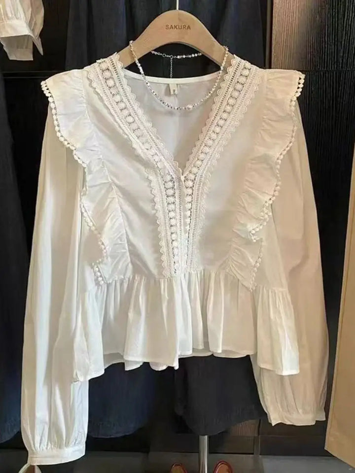 Shirts for Women Autumn 2025 New Ruffled Wrap Irregular Long Sleeve Casual Top V-Neck Solid Female Fashion Blouse Korean Fashion