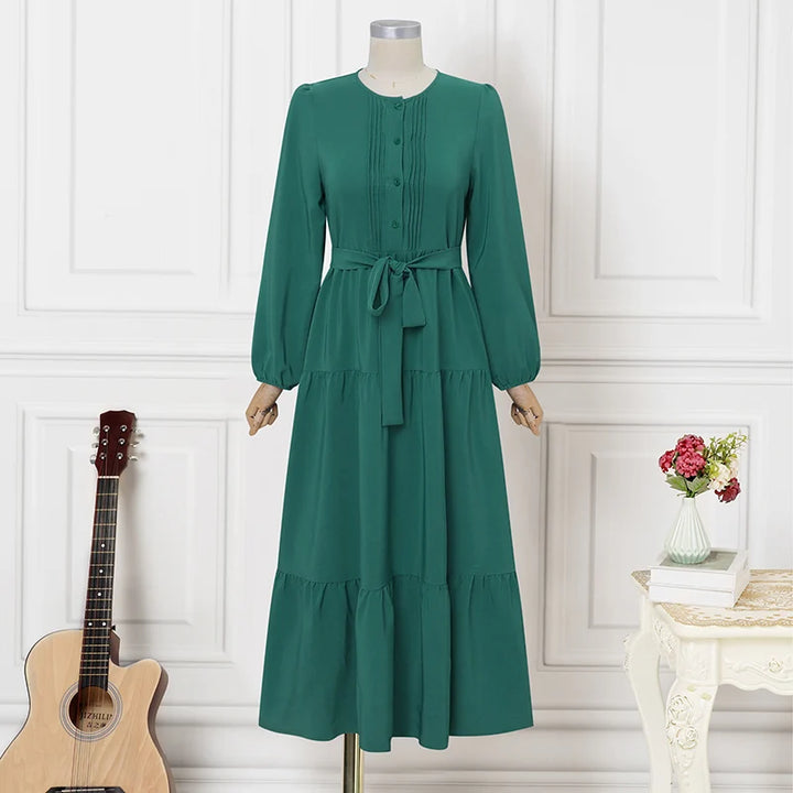 ZANZEA Elegant Muslim Abaya Dress Women O Neck Long Sleeve Pleated Sundress Maxi Robe Casual Kaftan Stylish Party Dress Ramadan
