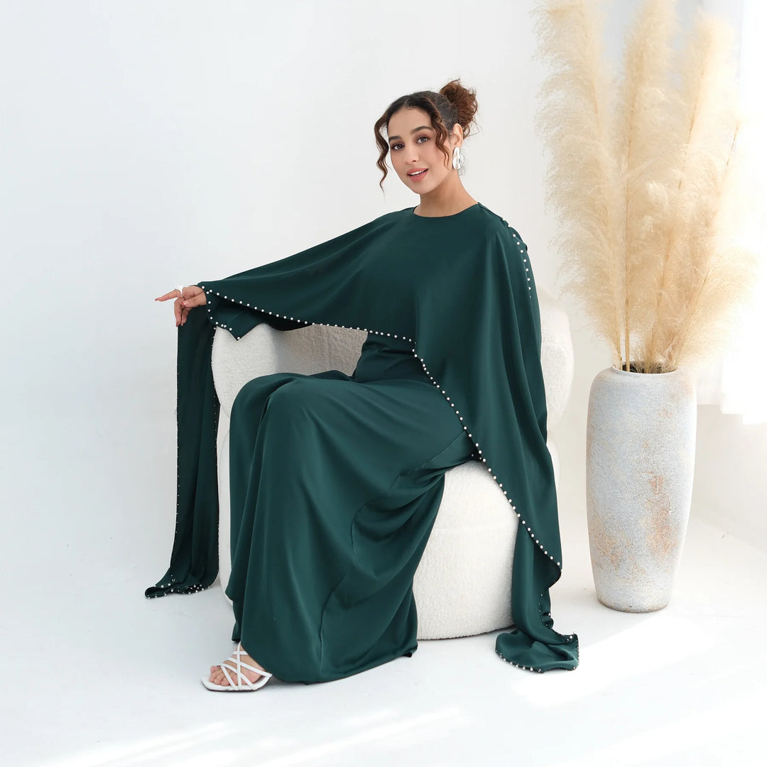 Luxury Dubai Shawl Abaya Elegant Beaded Waist Cinching Kaftan Muslim Women Traditional Dress Maxi Long Sleeve Robe Eid Outfit
