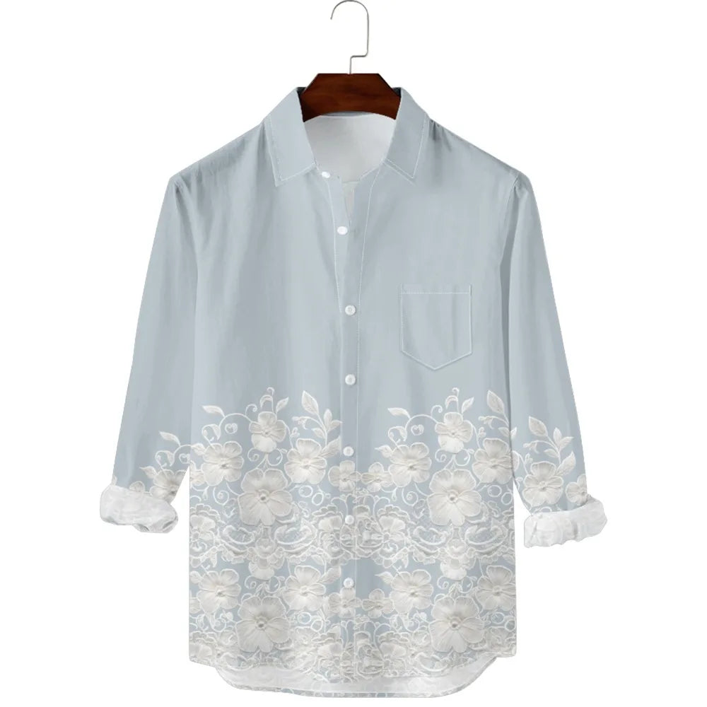 Hawaiian Button Up Shirts Retro Florals Printed Full Sleeve Streetwear Casual Men Dark Academia Resort Elegance Travel Shirt