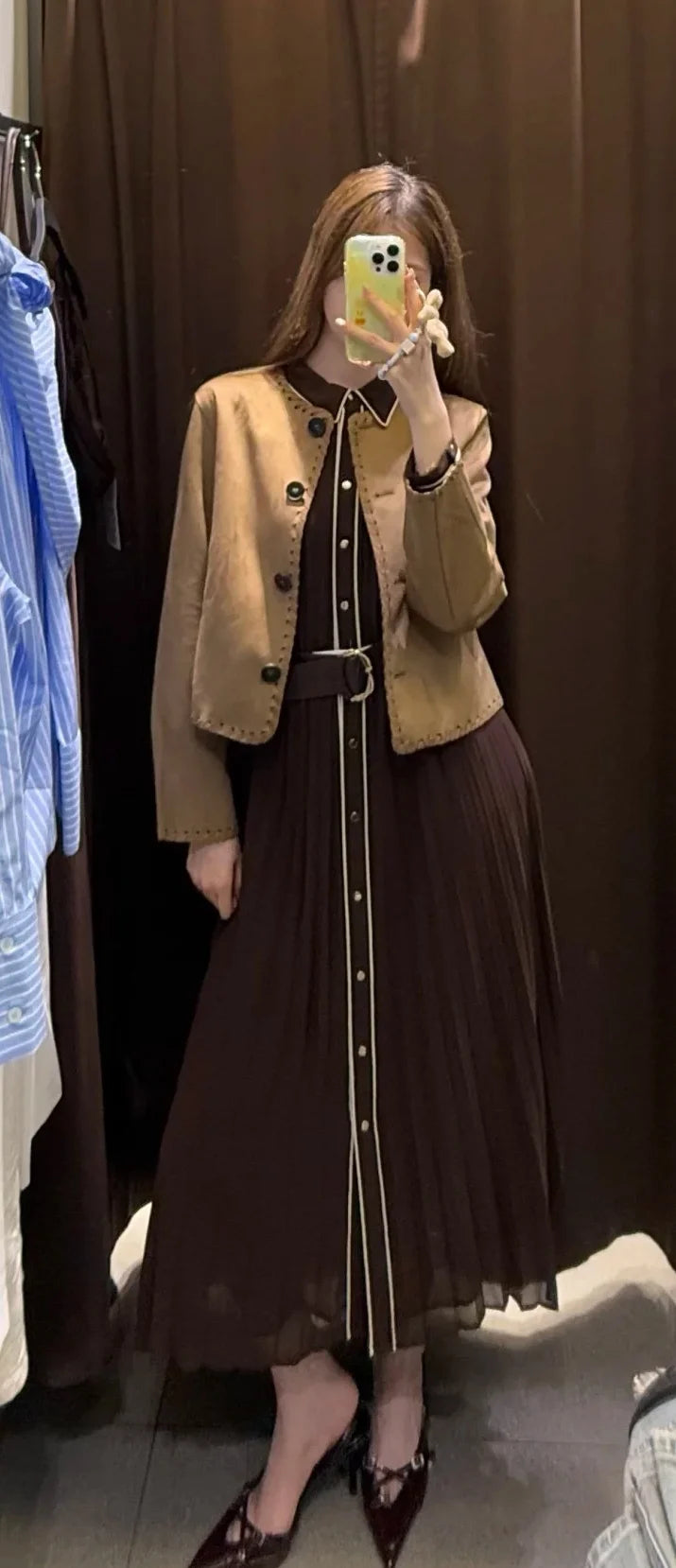 Women’s Fall 2025 Russet Pleated Midi Dress with Belt