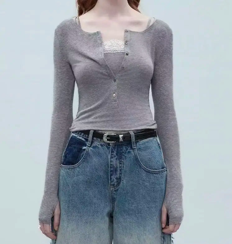 High Strecth T-shirts for Women Long-sleeved Lace Cardigan with Suspenders