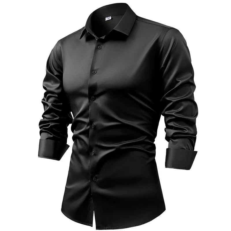 High-end Satin Shirts for Men Fashion Long Sleeved Solid Dress Shirts Men's Business Social Non-ironing Wrinkle-resistant Shirts