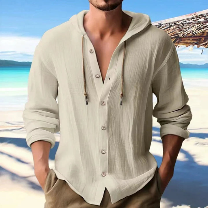 Men's Linen Shirt Solid Streetwear Long Sleeve Hoodie Cardigan Clothing For Men Button Tops Casual Loose Men Hooded Shirt