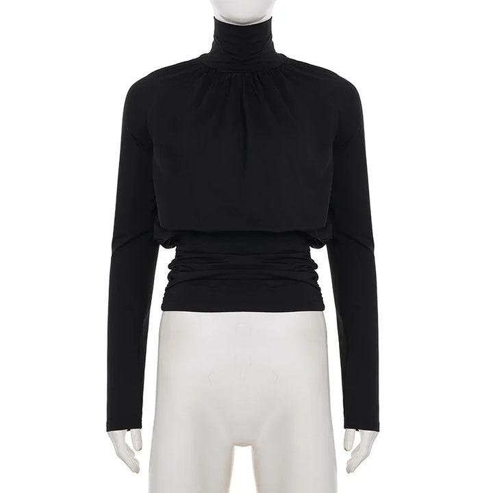 Solid Black T Shirts For Women Elegant Clothes Turtleneck Camisetas Lady Tops Long Sleeve Ropa De Mujer Shirring Feminist Shirt
