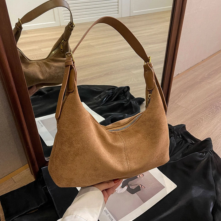 Vintage Women’s Suede Handbag – Designer Crescent Hobo Crossbody Bag