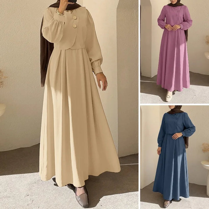 ZANZEA Fashion Muslim Dresses Abaya Ramadan Robe Fake 2 Pieces Women Elegant Long Sleeve Pleated Sundress Dubai Casual Kaftan