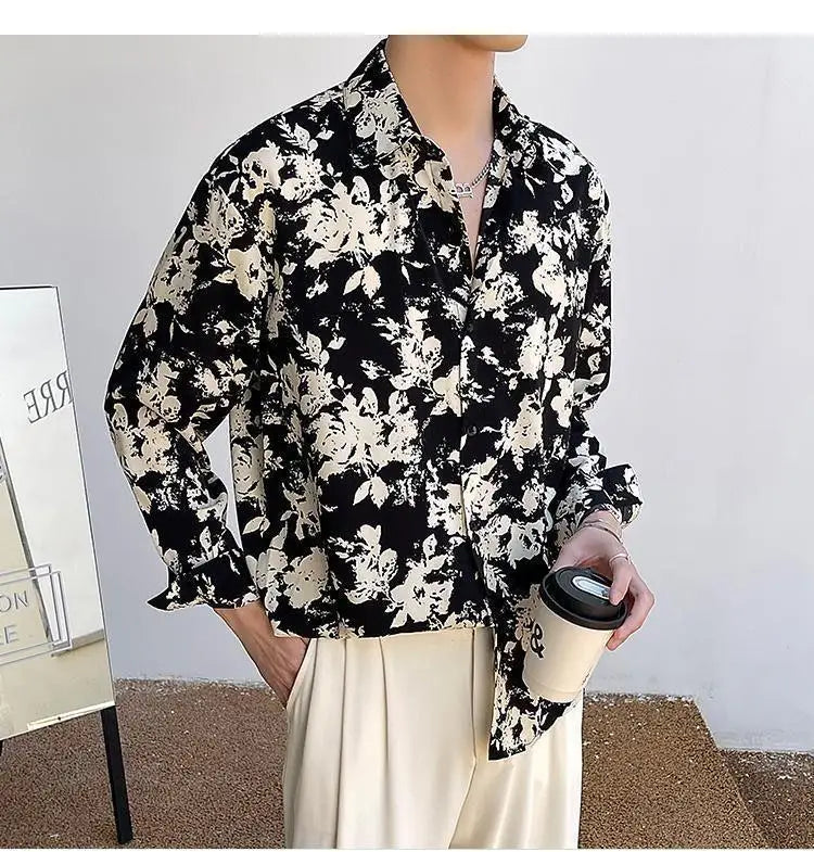 Men's Floral Shirt Men's Style New Long-sleeved Spring Autumn High-end Ice Silk Casual Loose