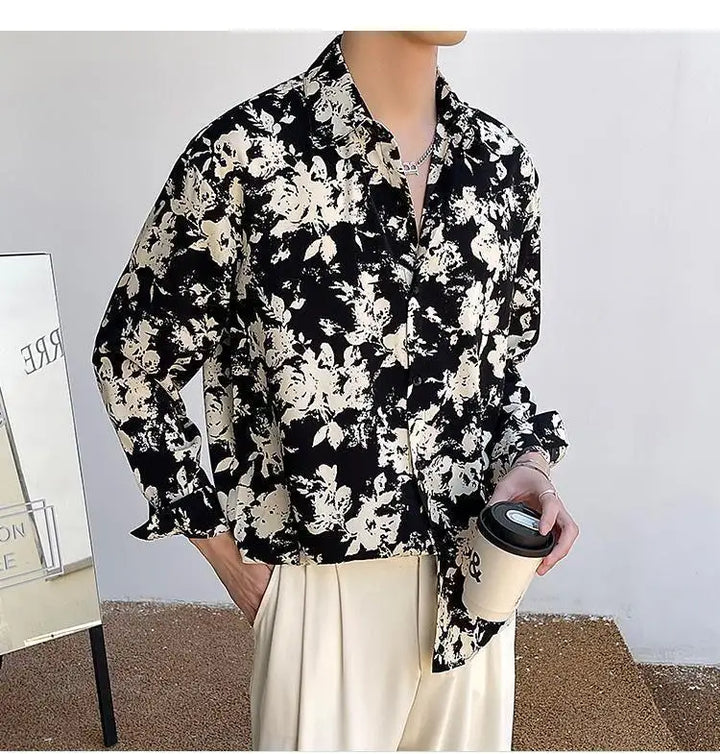 Men's Floral Shirt Men's Style New Long-sleeved Spring Autumn High-end Ice Silk Casual Loose