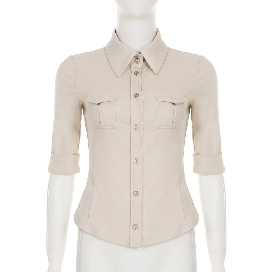 Half Sleeve Button Up Shirts for Woman Clothing Japanese 2000s Style Y2k Tops Harajuku Fashion Blouse