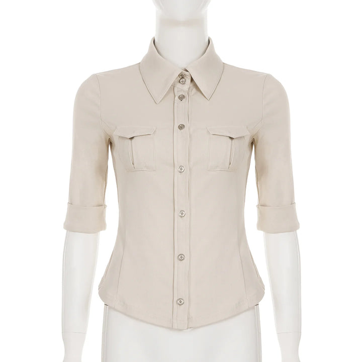 Half Sleeve Button Up Shirts for Woman Clothing Japanese 2000s Style Y2k Tops Harajuku Fashion Blouse